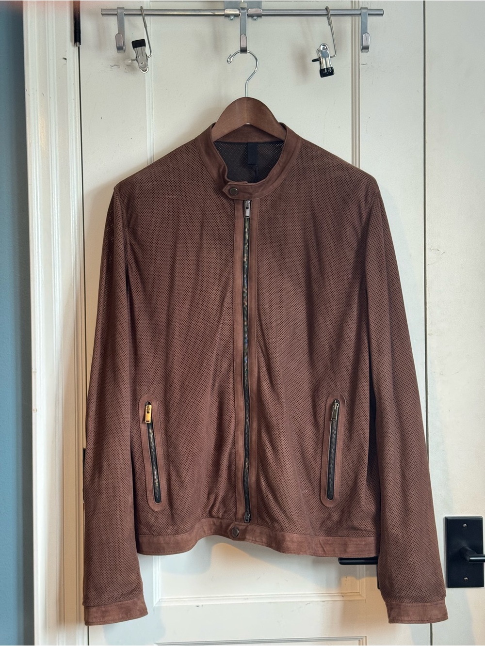 Tagliatore Brown Suede Perforated Leather Bomber Jacket